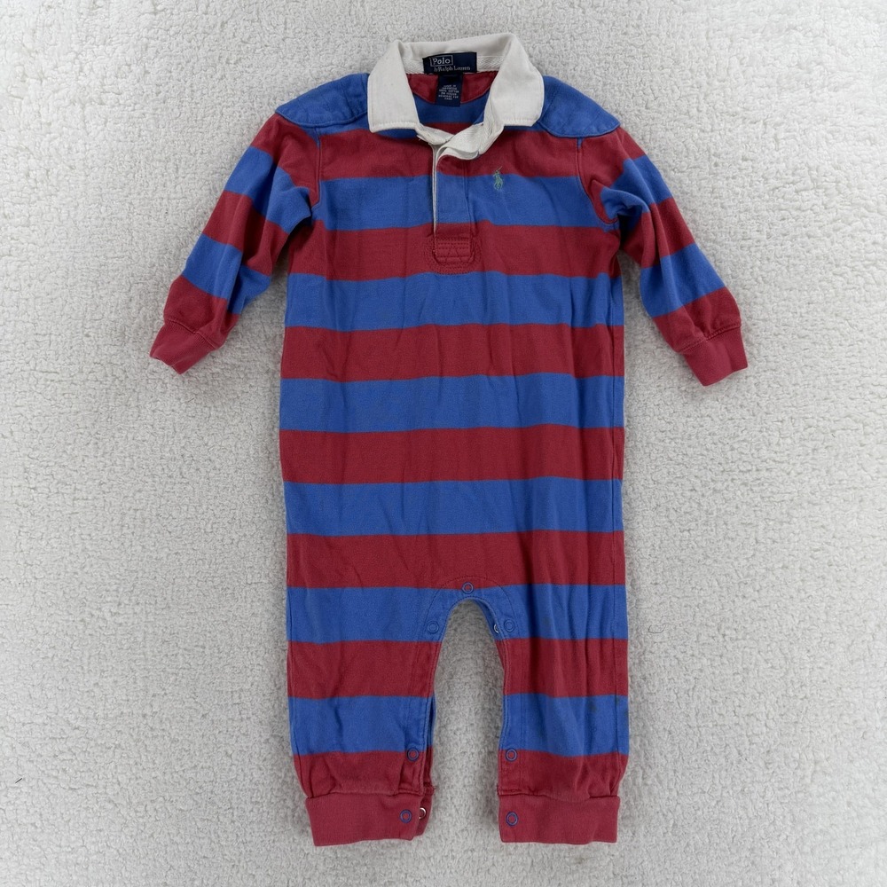 Polo Ralph Lauren Coverall Boys 24M Red Blue‎ Stripe Rugby One Piece Long Sleeve